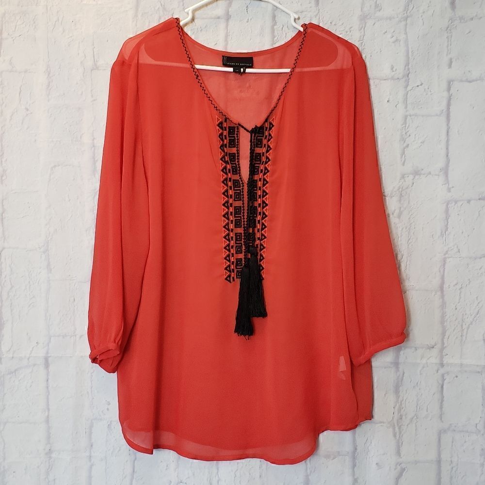 i JEANS BY BUFFALO Sheer Embroidered Boho Blouse Large